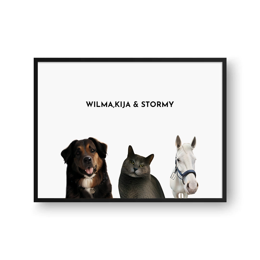 Three Pets Portrait: Customized Trio of Adorable Companions