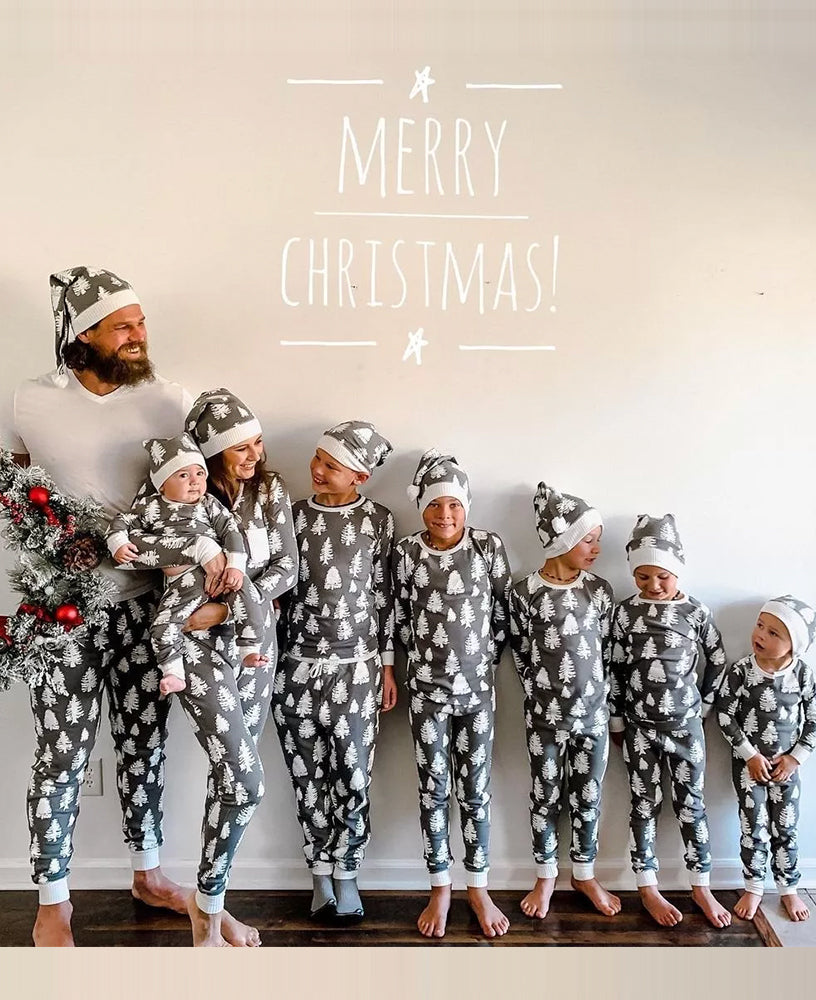 Gray & White Christmas Tree Print Matching Family Christmas Pajamas-Hats Included