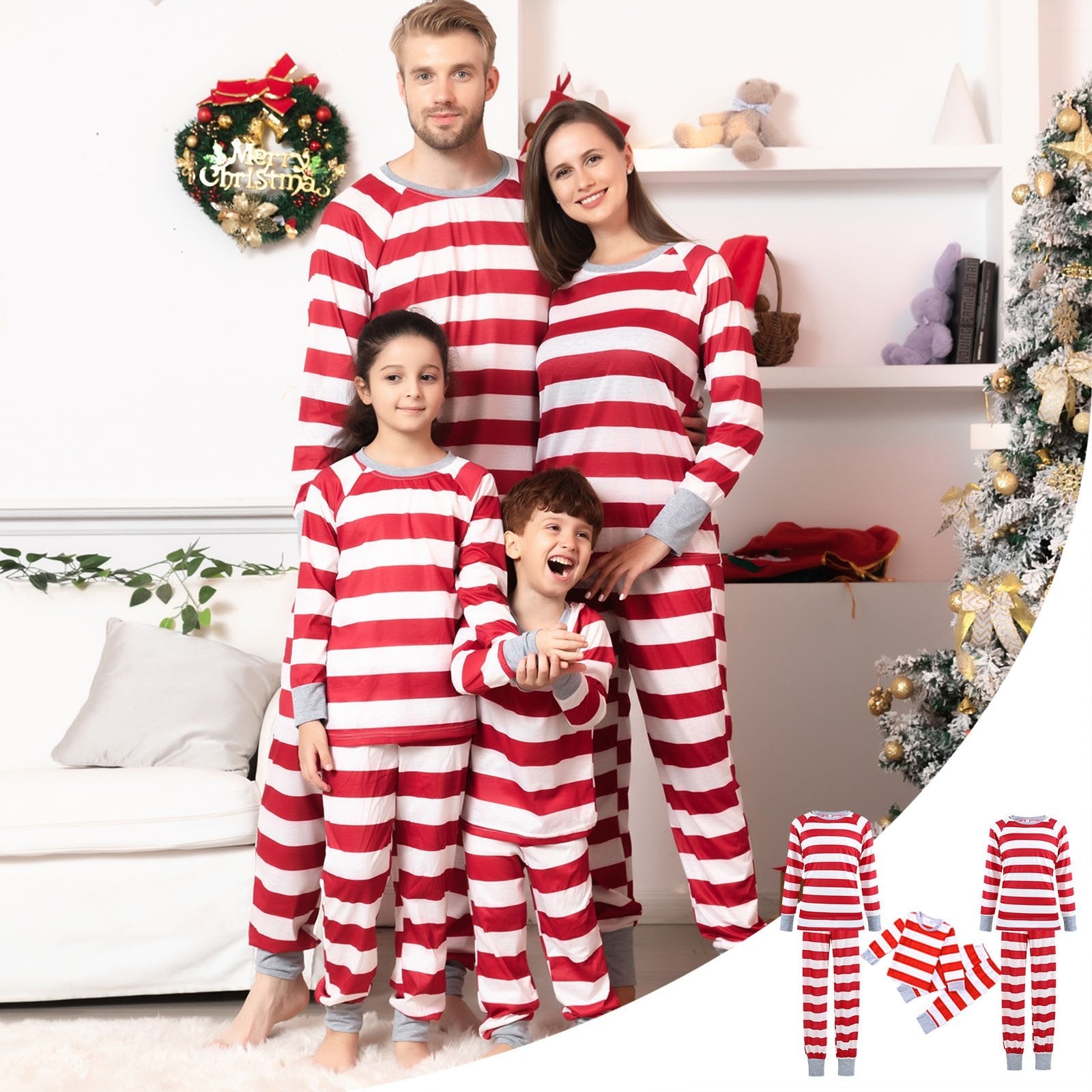 Holiday Red and White Striped Matching Family Christmas Pajamas-Dog Pajamas Included