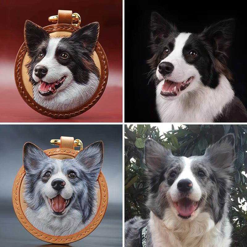 Custom Pet Leather Key Chains,Handmade 3D Leather Carving,Hand Drawn & Colored